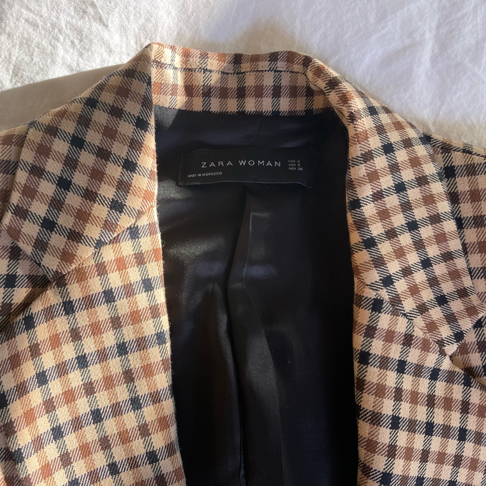 Checked Double-Breasted Blazer Jacket - Brown/Bla… - image 3